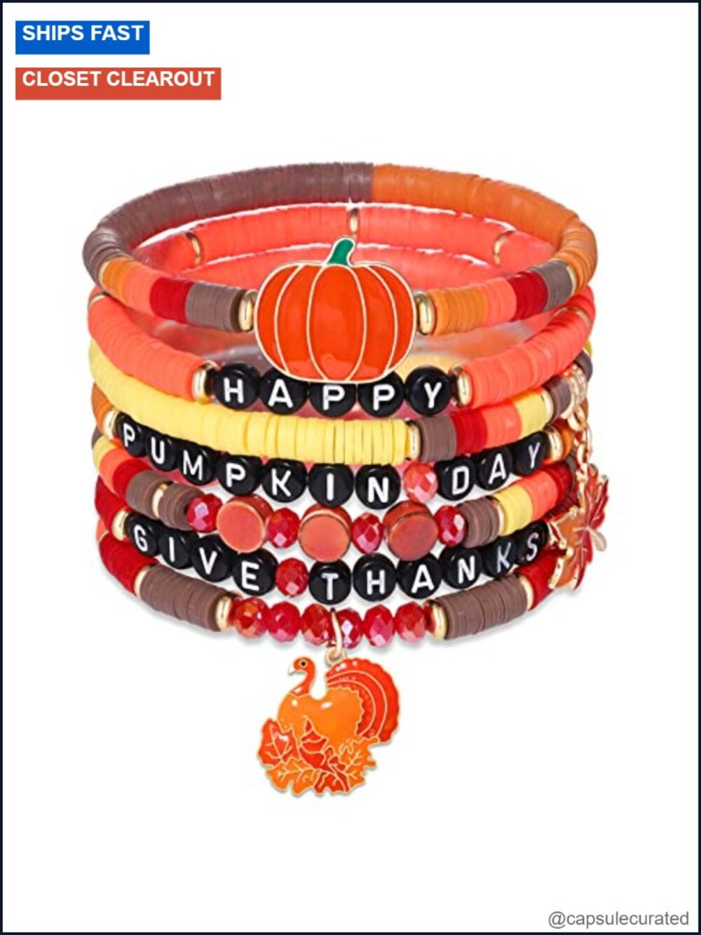 7pcs Stretch Beaded Bracelets Thanksgiving Fall Leaf Pumpkin Jewelry Set